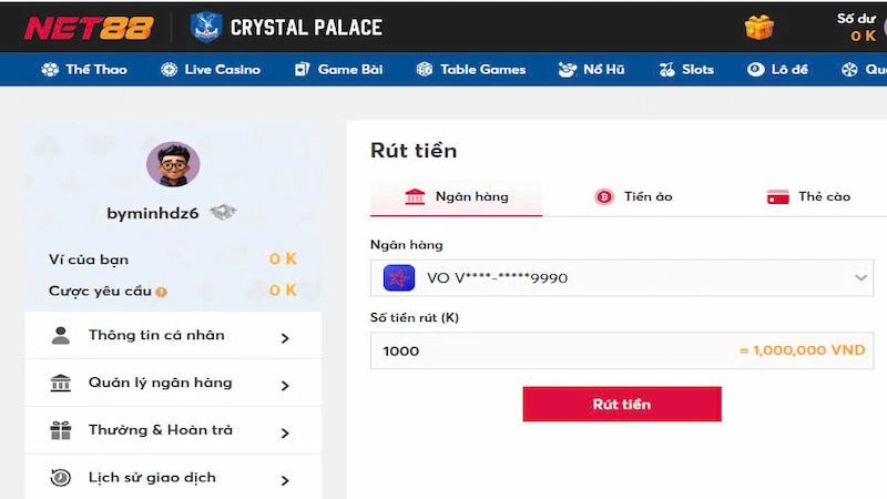 Rút tiền nhanh chóng từ 5 đến 15 phút của nhà cái Net88